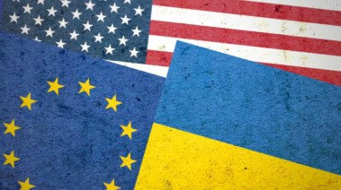 علم أوكرانيا وأمريكا والاتحاد الأوربي- تعبيرية