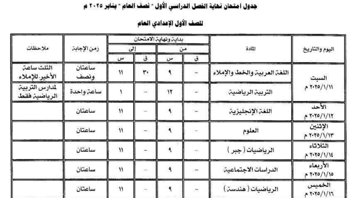 جدول امتحانات الترم الأول 2025 للصف الأول الإعدادي بالمنوفية