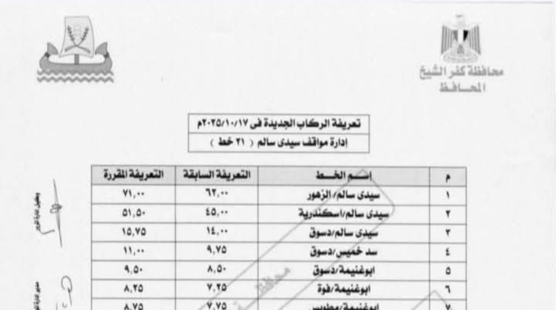 تعريفة الركوب الجديدة بكفرالشيخ 