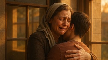 أم تحتضن ابنها بعد العثور عليه في دار أيتام - صورة مولدة بالذكاء الاصطناعي