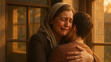 أم تحتضن ابنها بعد العثور عليه في دار أيتام - صورة مولدة بالذكاء الاصطناعي