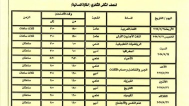 جدول امتحانات الصف الثاني الثانوي 