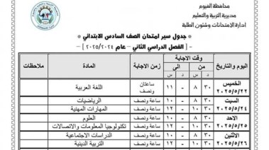 جدول امتحانات الصف السادس الابتدائي بالفيوم