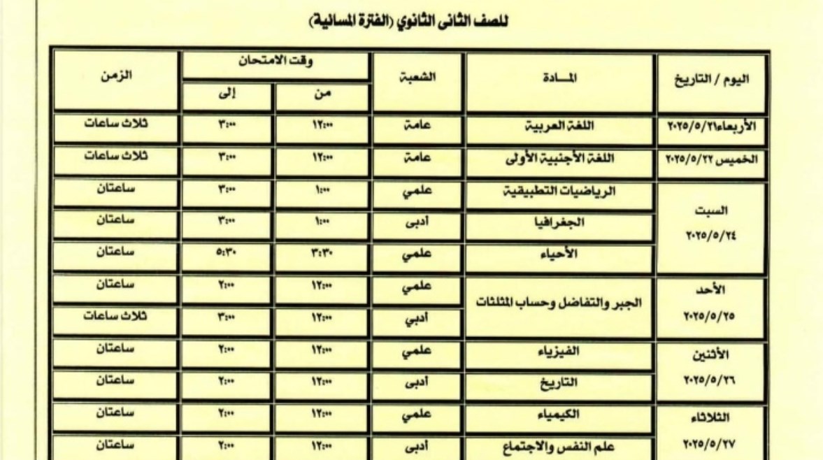جدول امتحانات الصف الثاني الثانوي جدول امتحانات الصف الثاني الثانوي
