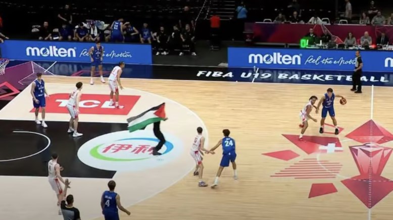 متظاهر ينزل الملعب بغلم فلسطين