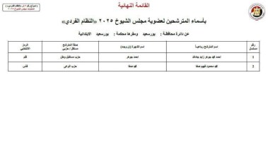 مرشحان فقط في سباق مجلس الشيوخ ببورسعيد.. جوهر وصفا يتنافسان على المقعد الفردي
