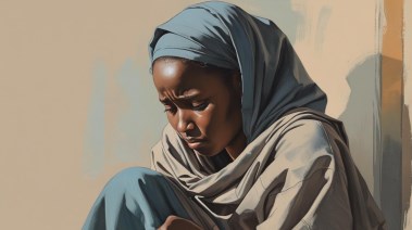 امرأة سودانية حزينة (صورة مولدة بالذكاء الاصطناعي)