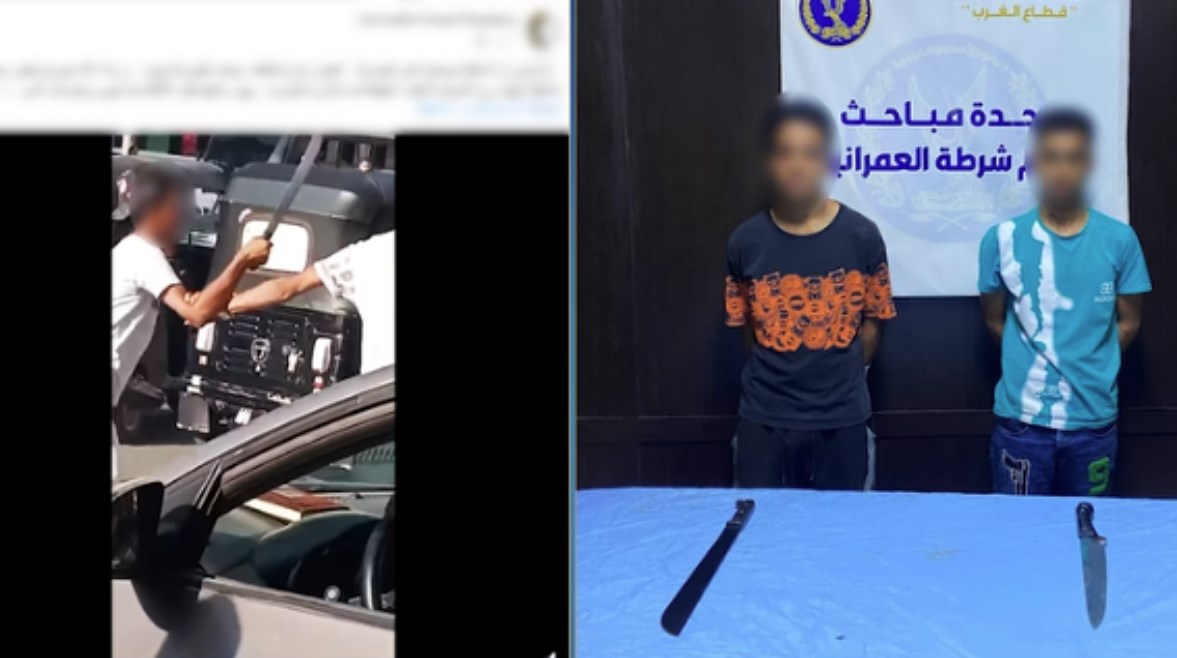 المتهمان بعد ضبطهما، وجانب من الواقعة (يسار)
