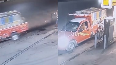 لحظة هروب السائق من عامل محطة الوقود