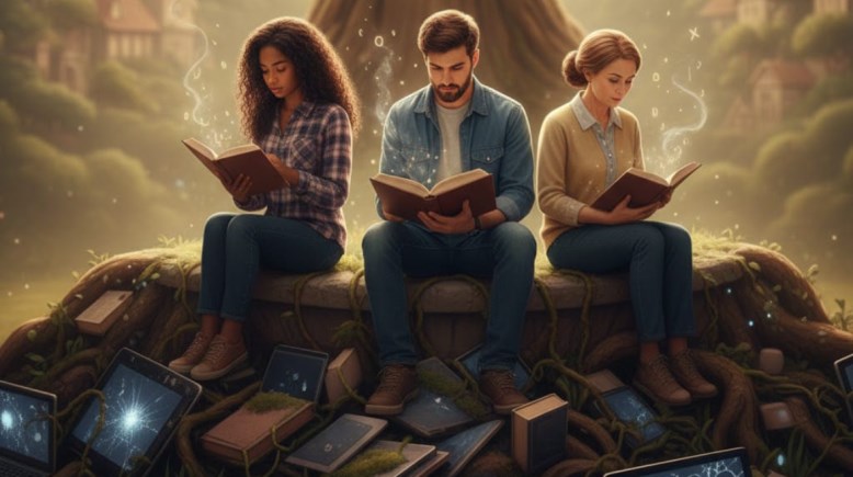 صورة مولدة بـ ai عن استبدال القراء الكتب بالشاشات