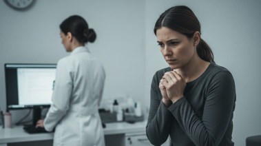 صورة مولدة بـ AI لمريضة داخل عيادة نساء