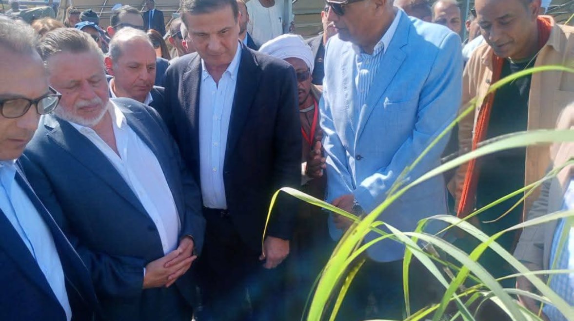 محافظ البنك المركزى ووزير الزراعة ومحافظ أسوان يتفقدون نموذج زراعة قصب السكر بطريقة الشتل تحت نظام الرى بالتنقيط والطاقة الشمسية