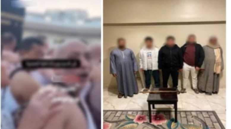 المتهمون بعد ضبطهم ولقطة من فيديو المعتمر (يسار)