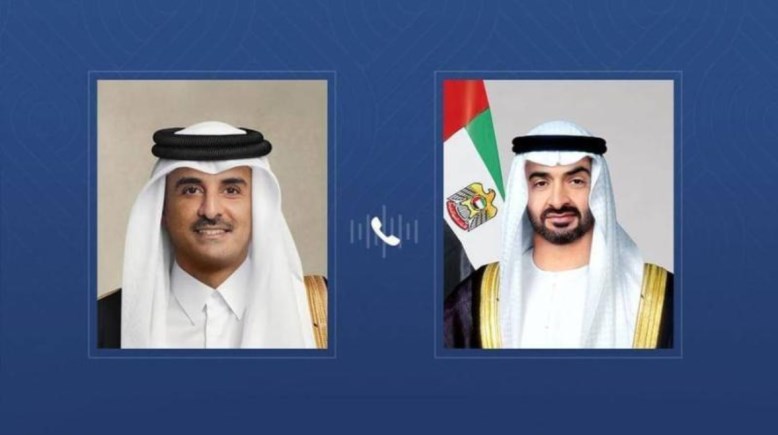إتصال هاتفي بين رئيس الإمارات محمد بن زايد ونظيره القطري تميم بن حمد أل ثاني يبحثان في إتصال هاتفي تطورات التصعيد العسكري