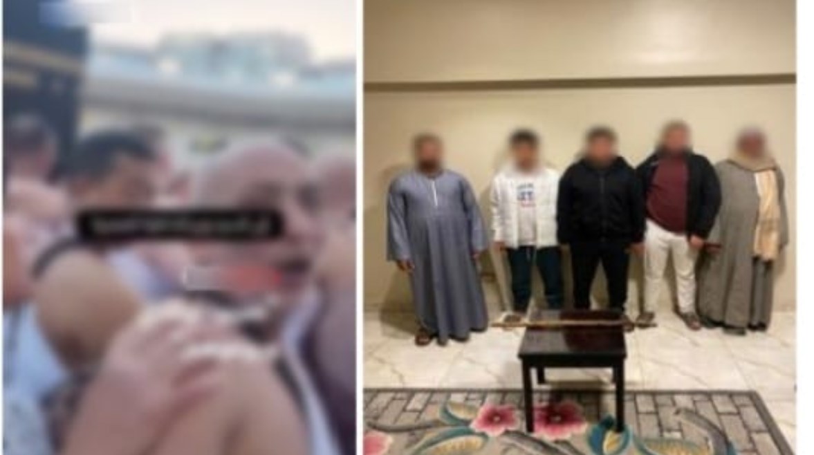 المتهمون بعد ضبطهم ولقطة من فيديو المعتمر (يسار)