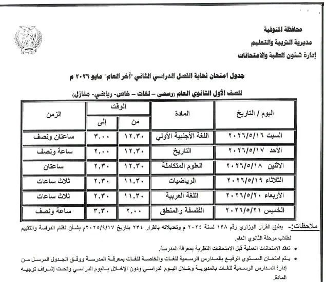 جدول امتحانات المنوفية ثانوي جدول امتحانات المنوفية ثانوي