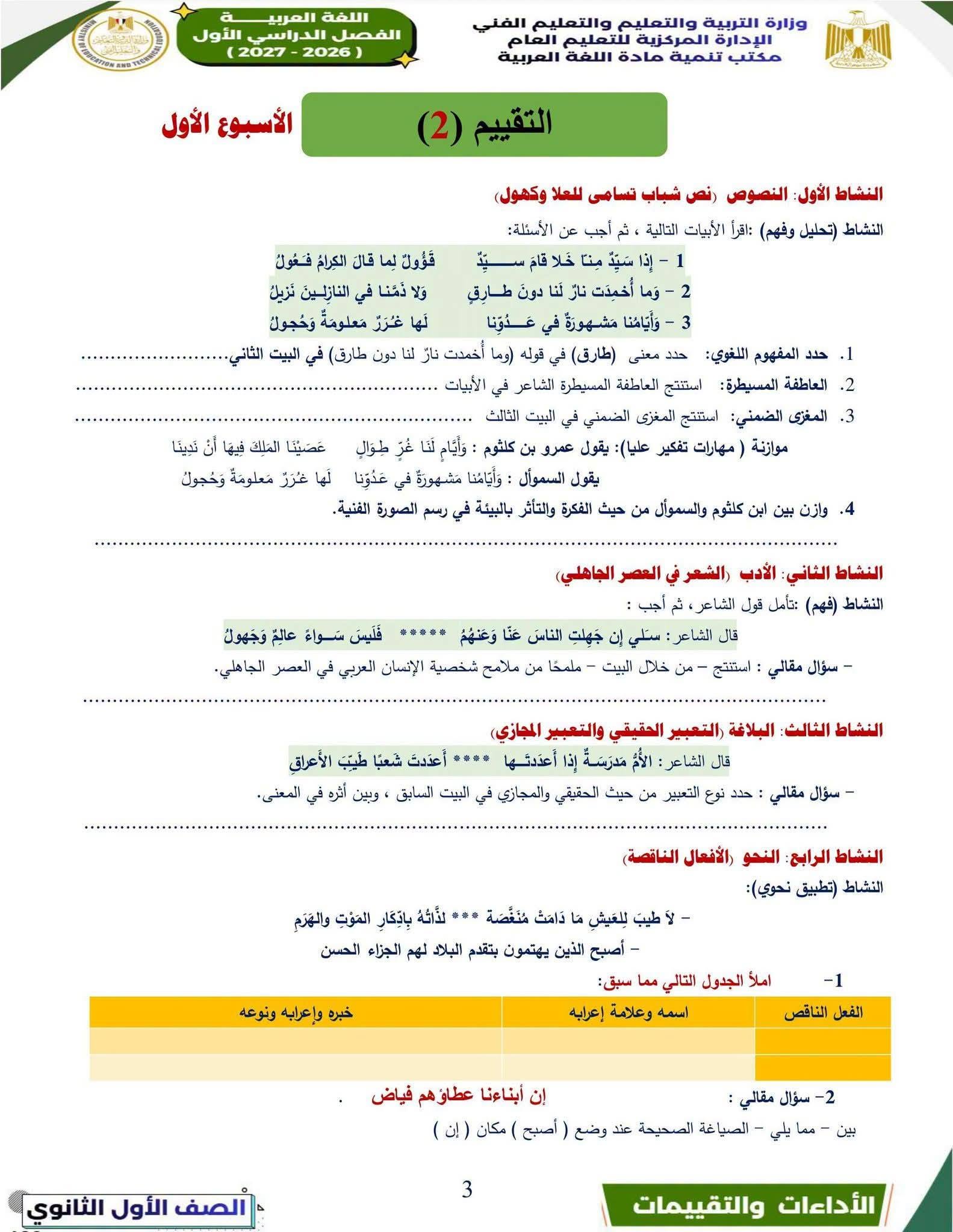 تقييم الأسبوع الأول الصف الأول الثانوي عربي 2026-2 تقييم الأسبوع الأول الصف الأول الثانوي عربي 2026-2